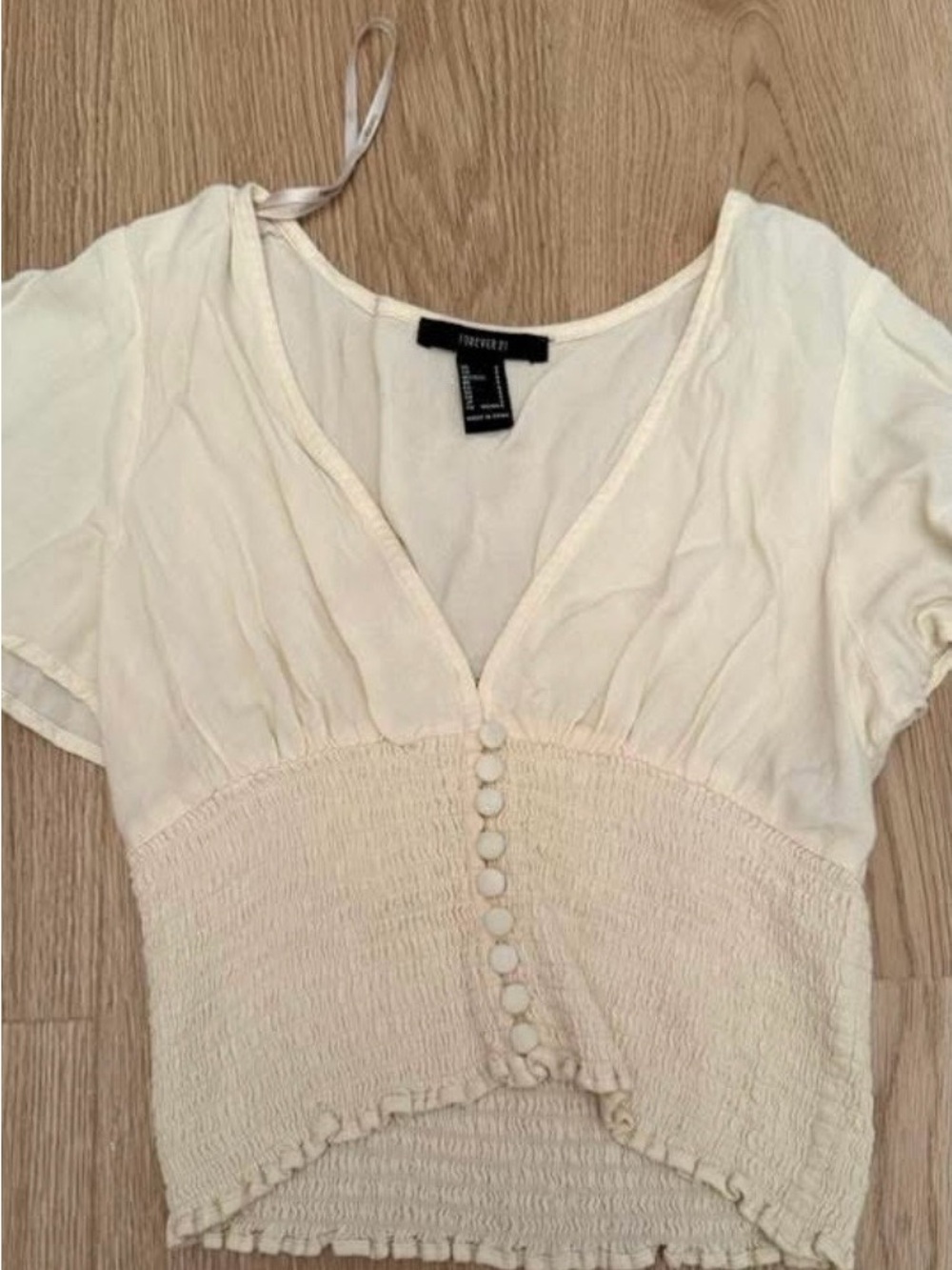 Forever 21 Cream Smocked Button-Front Crop Top